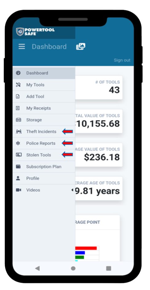 PowerTool Safe app showing theft incidents, police reports, and stolen tools